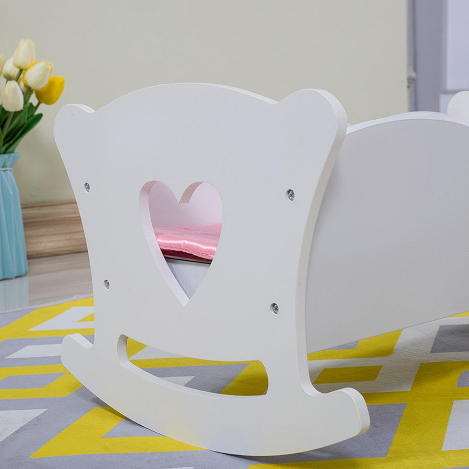 Letto A Dondolo Per Bambole In Legno Bianco | funzione oscillante, cuscino e coperta inclusi, gioco realistico