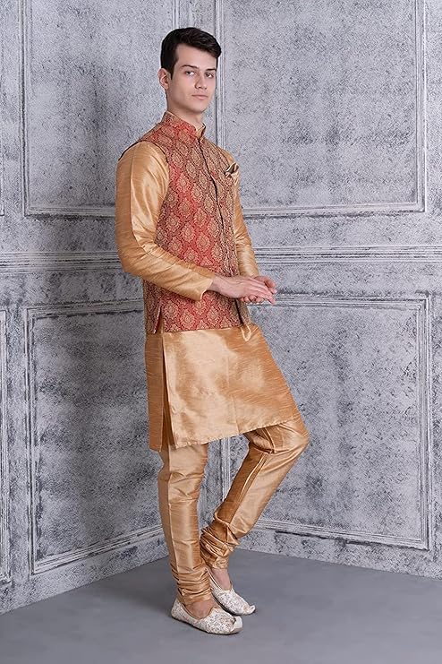 Image of Uri and MacKenzie Men's Silk Blend Kurta Churidar Pyjama with Stylish Nehru Jacket