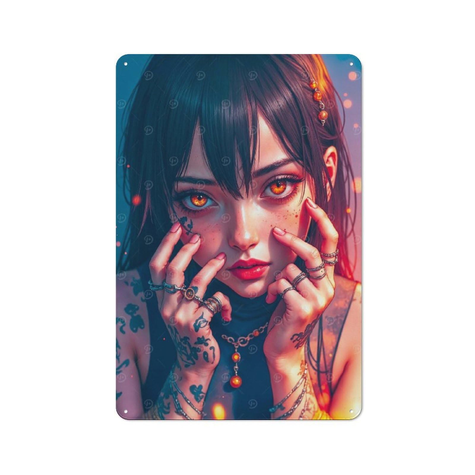 Junmoney Girls Style-20 Tin Wall Plaque 30X20cm With Anime With Orange Eyes For Hobby Room Or Studio, For Themed Interiors In Hobby Rooms And Studios