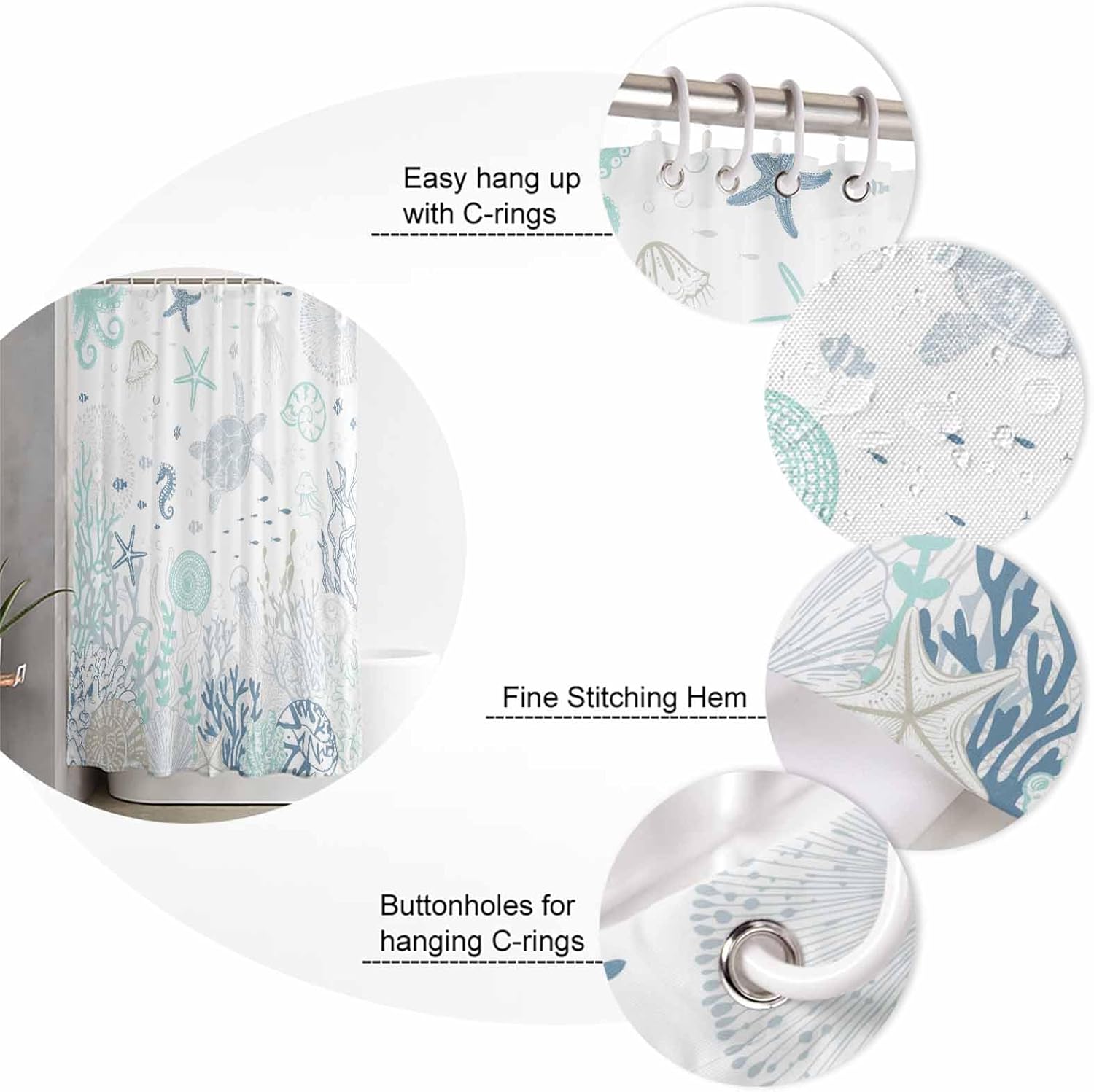 Teal Blue Nautical Coastal Shower Curtain Set - 48" x 72" Summer Beach Washable Bathtub Curtain with 12 Hooks, Sea Turtle Coral Waterproof Fabric Stall Shower Curtains for Bathroom/Bathtub