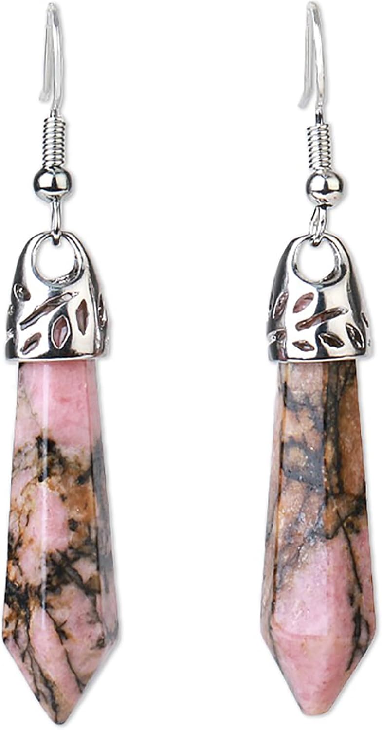 Pink Stone Crystal Earrings for Women Dangling - Natural Rhodonite Gemstone - Drop & Dangle -Silver - Hypogenic Artisan Handmade Jewelry - Unique Gifts - Birthstone Birthday Gift