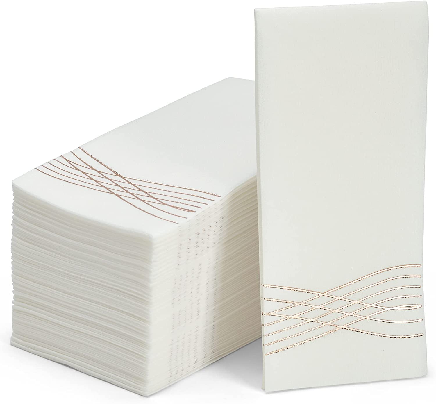 JEBBLAS Disposable Hand Towels Soft and Absorbent Line-Feel Dinner Napkin Elegant Decorative Paper Guest Towels for Kitchen, Bathroom,Weddings,Parties, Rose Gold and White,100pack…