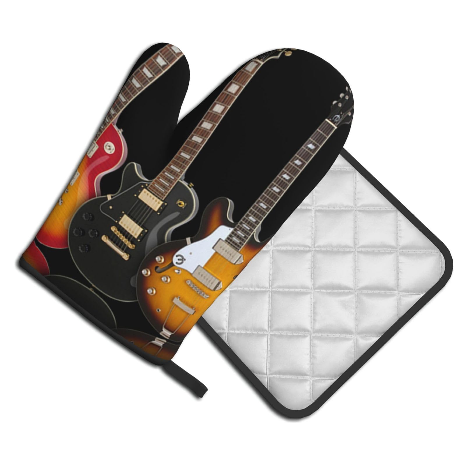 Oven Mitts and Pot Holders Set of 2 Pcs, electric guitar Printed Heat Resistant Kitchen Gloves Potholders for Cooking Baking Grilling
