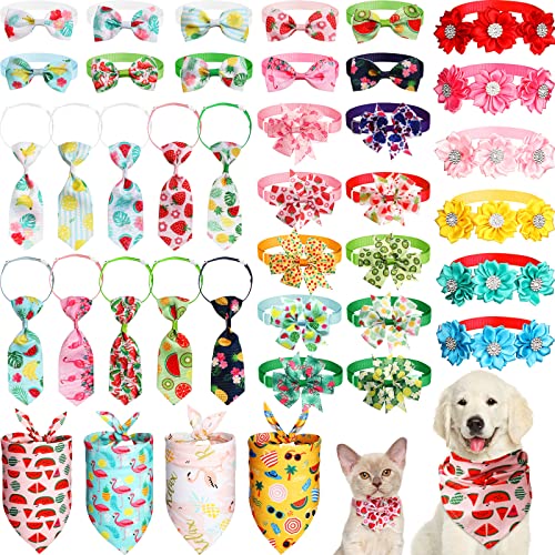 40 Pcs Dog Bow Tie Bandana Collar Set Include 10 Dog Neckties, 26 Dog Bow Tie Adjustable Dog Collars, 4 Dog Bandana, Hawaii Summer Style Pet Bowtie For Dog Cat Puppy Grooming Accessories(Fruit Style) #TOP25