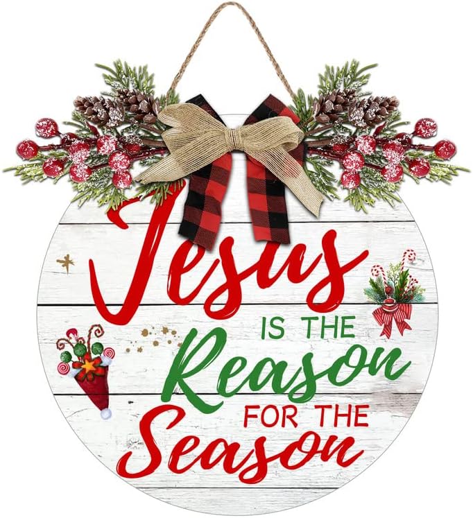 Letrero de pared con corona de Navidad, decoración de puerta delantera, Natividad Jesús es la razón de la temporada, letrero de madera redondo