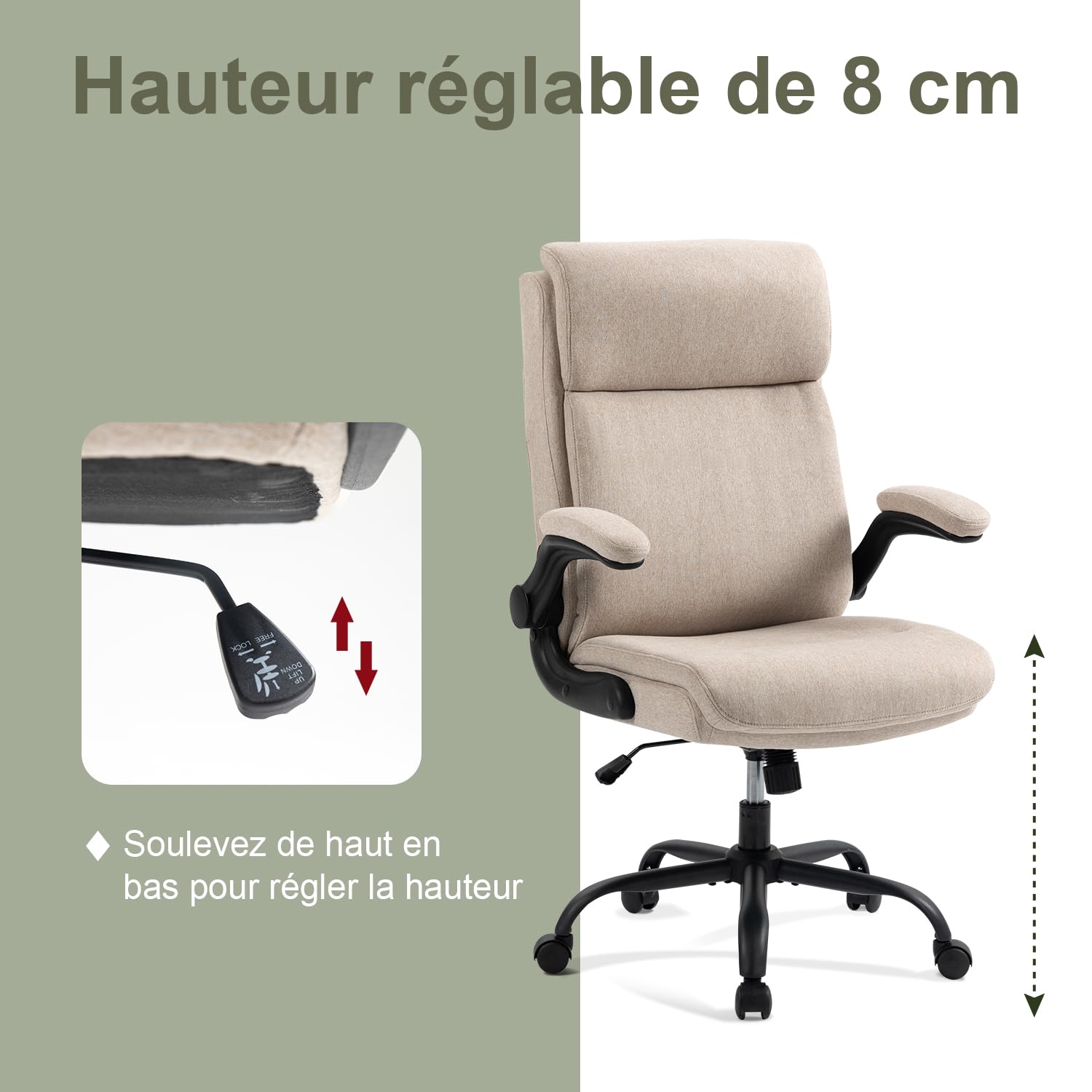 CASTLOVE Chaise de bureau ergonomique avec dossier, accoudoirs rabattables, dossier haut, hauteur réglable, fonction bascule, chaise de bureau en tissu beige, charge maximale : 150 kg