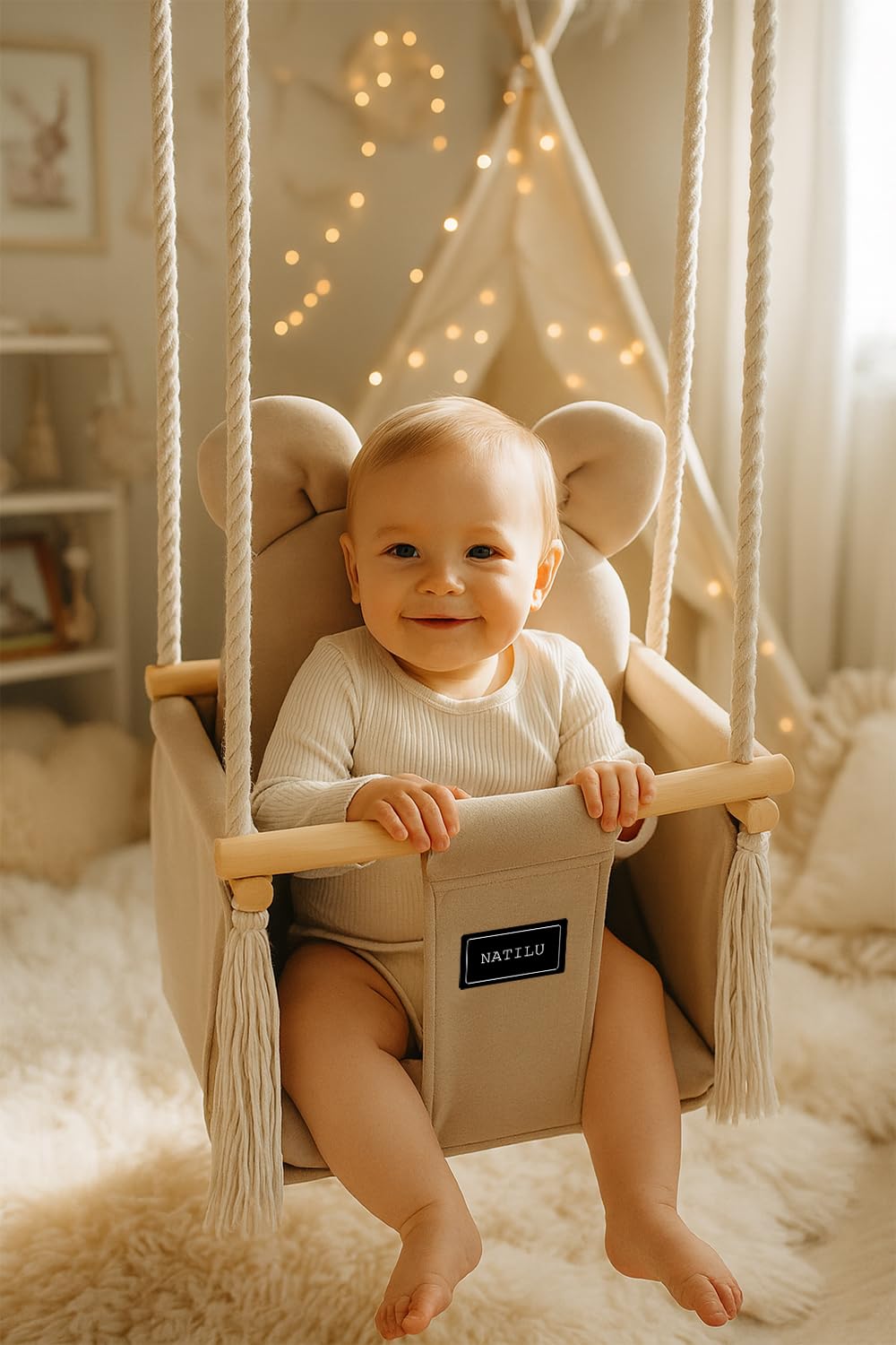 Altalena per bambini Bear Light Beige | altalena in legno per bambini | altalena con orsacchiotto | prodotto nell'Unione Europea