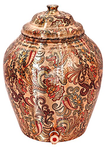 Image of Indian Art Villa Printed Design Copper Water Dispenser Pot Matka, Stoarage, Home Garden, 10 LTR, Light Peach