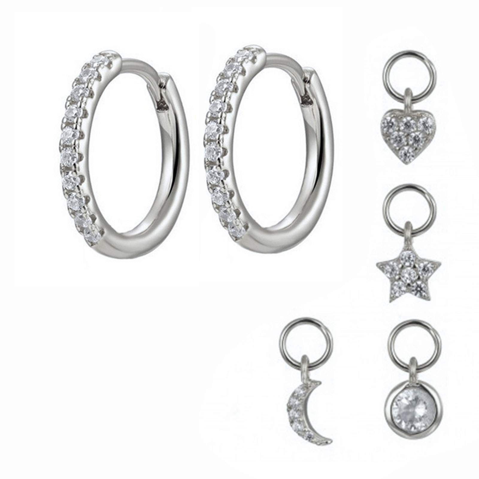 Yolistar 1 Par Mujeres Estrella Pendientes Aro Colgantes Plata Ley 925, Juego de Pendientes de Aro con 4 Pequeños Dijes, Pendientes de Gota de Círculo de Estrella de Luna para Mujer