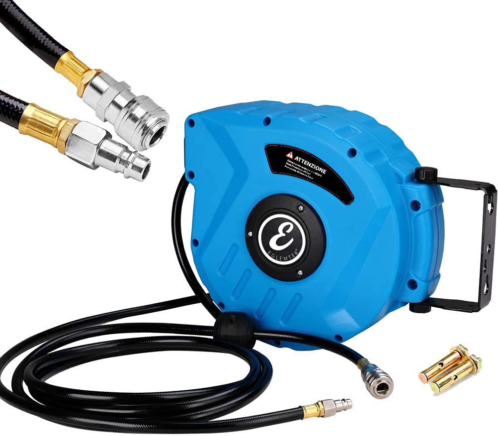 Cumana Avvolgitubo Aria Compressa con Tubo Professionale Attacco 1/4" Fissaggio a Parete Sistema Blocco Automatico Riavvolgitore Auto Stop Accessorio Compressore Salvaspazio Pressione 24 Bar 10 + 1 Mt