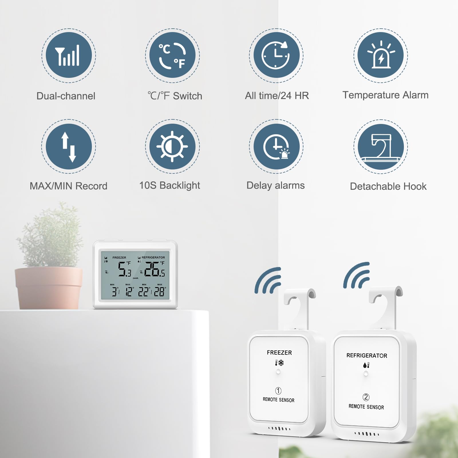 Kühlschrankthermometer,Alarmfunktionen, 3.7in LCD große digitale Anzeige mit 2 kabellosen Sensoren Kühlschrank/Gefrierschrank verfügbar,℃/℉,Hausgebrauch und Restaurant