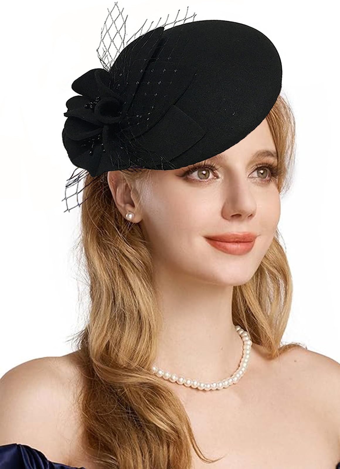 RZTA Women's Vintage 100% Wool Felt Cloche Bucket Bowler Hat Winter Vintage Bow Fedoras Church Fascinator, 02-black, One Size