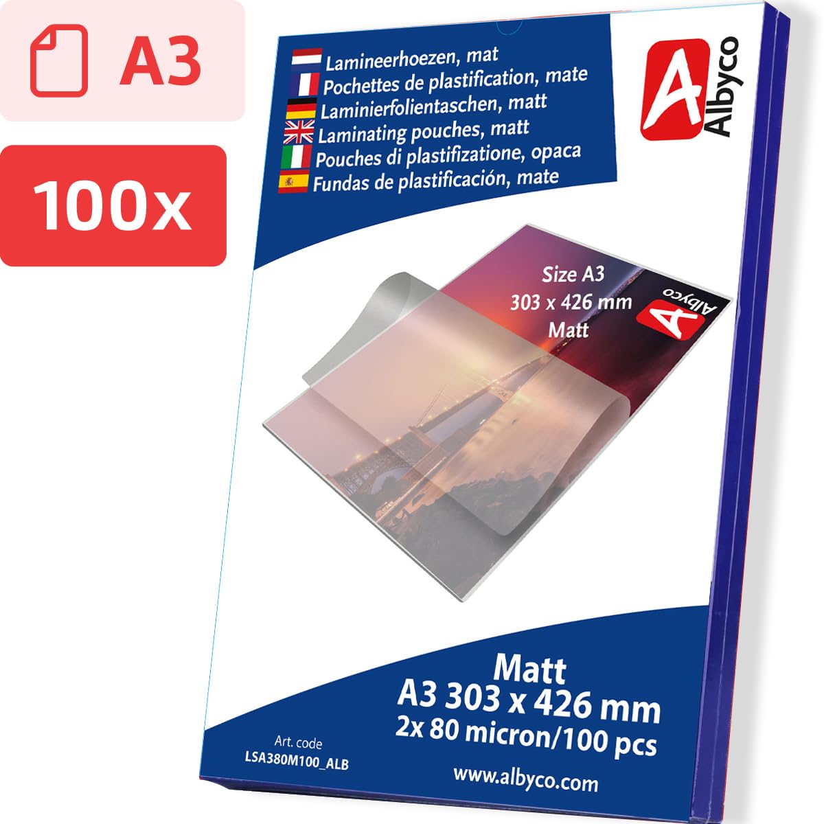 Albyco A3 LSA380M100_ALB Folia do Laminowania, Przezroczysty, 100 Sztuk