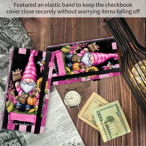 Image of FUYOCWE Checkbook Covers for Personal Checkbook,RFID Blocking Leather Check Book Covers Wallet with Pen Holder & Card Slot for Women Men -Pink Gnome Halloween