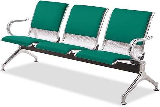 3 Seat Airport Reception Chairs, Waiting Room Bench with Arms, Waiting Area Metal Guest Seating, PU Leather Office Chair, for Office Hospital Airport BankGreen