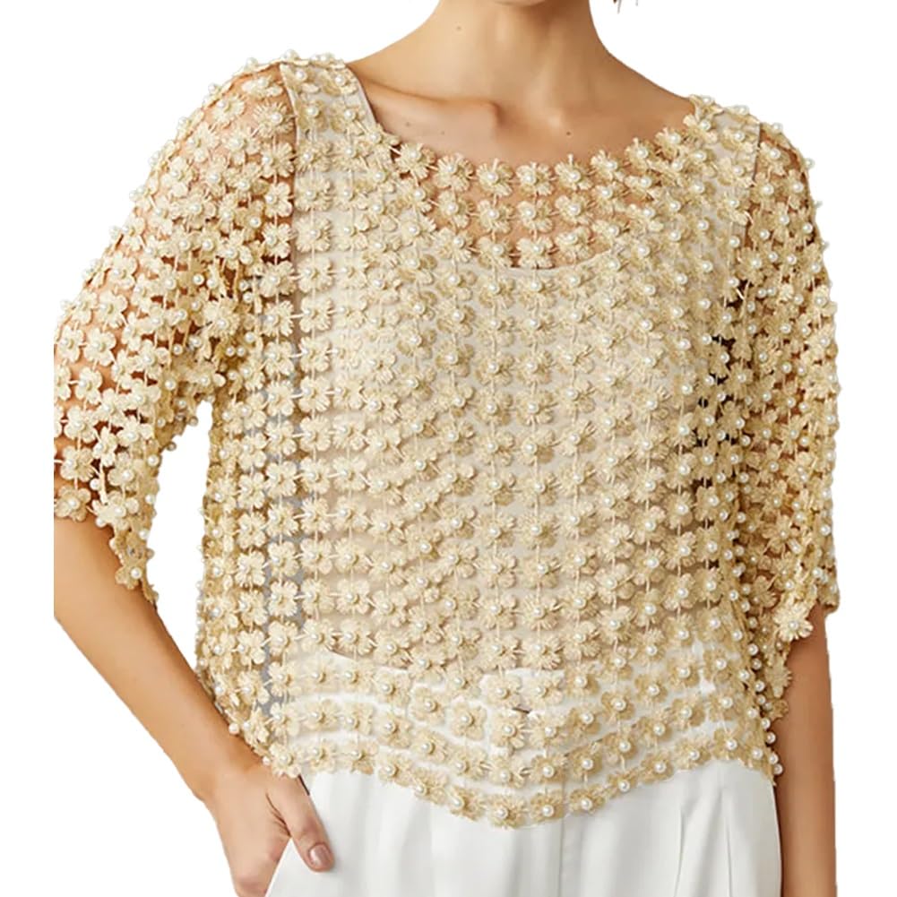 Women's Beaded Floral Cutout Long Sleeve Top Coverup Sheer Rhinestone Sparkly Mesh Fur Trim Crop Tops Pullover