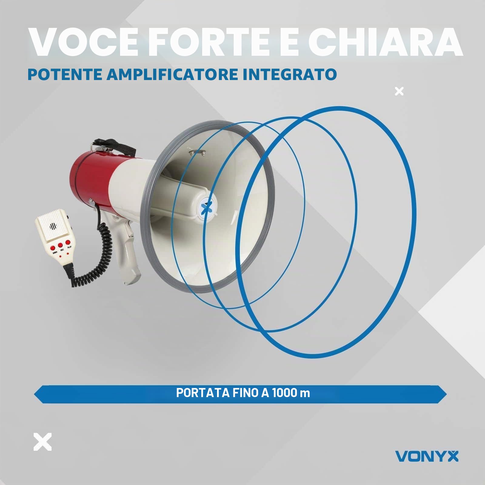 Vexus MEG050 Megafono con Funzione di Registrazione e Sirena (50 Watt, Raggio 1 KN, Microfono A Batterie)