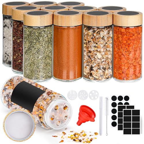 GoMaihe Pot a Epices 12pcs avec Couvercles en Bambou, 120 ml Verre Bocaux à Épices avec Inserts à Saupoudrer, Etiquette Epices, Stylo, Entonnoir, Sans BPA, Rangement Epices