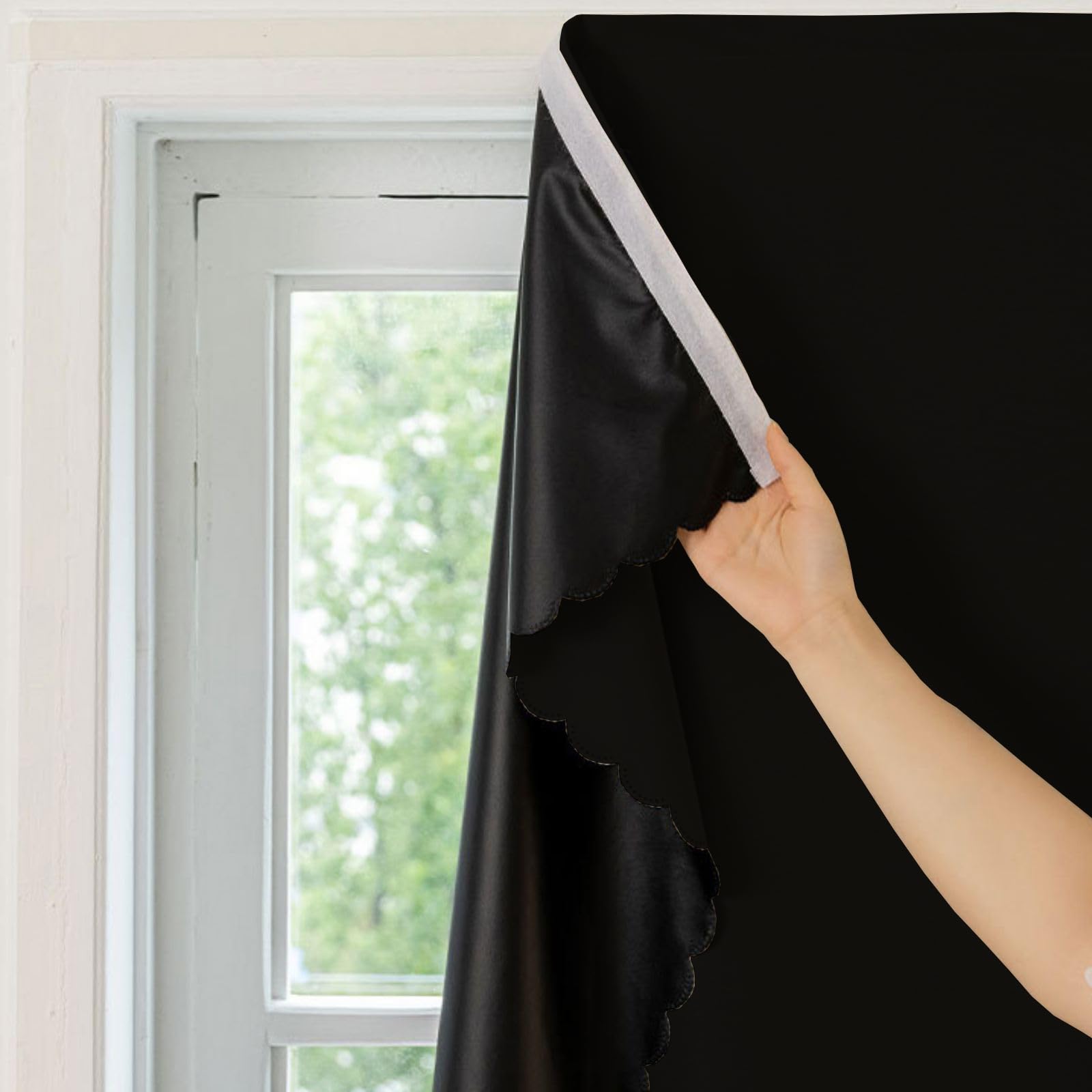 Blackout Curtains Self Adhesive Black out Thermal Insulation Polyester Fabric Stick On No Drill Shades Renter Friendly Portable Window Cover Blinds for Bedroom Nursery (Black, 150W x 170H cm)