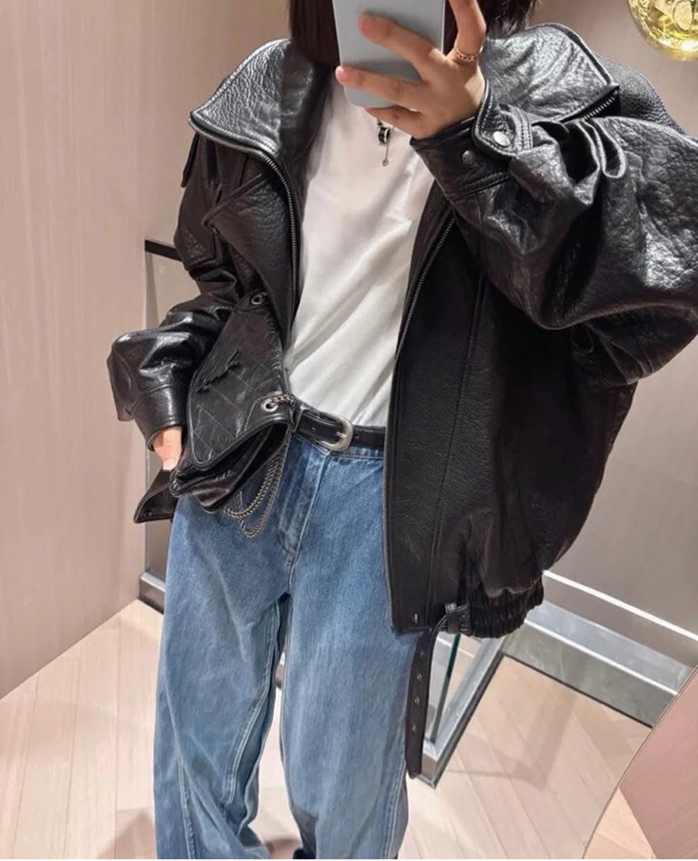 utcoco Women's Oversized Faux Leather Jacket Vintage Large Collar Belted Waist Moto Biker Jacket Casual Outwear