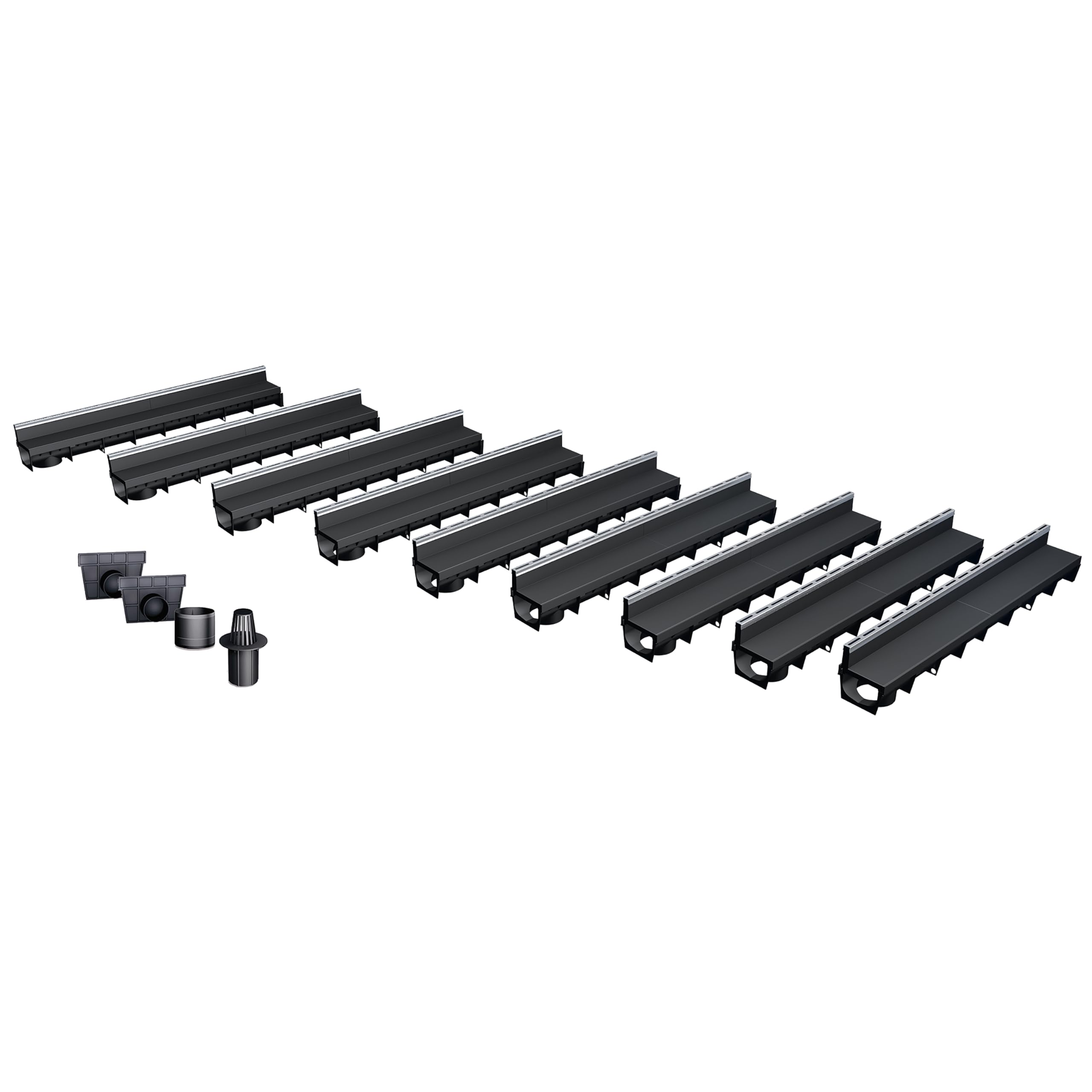 MEA Pack de 9 Caniveaux Extérieurs MEAPARK – Grille à Fente en PP Recyclé + Profil E-Blade R en INOX – Drainage Terrasse, Piscine, Jardin – Classe A15 Piéton – Largeur utile 10 cm