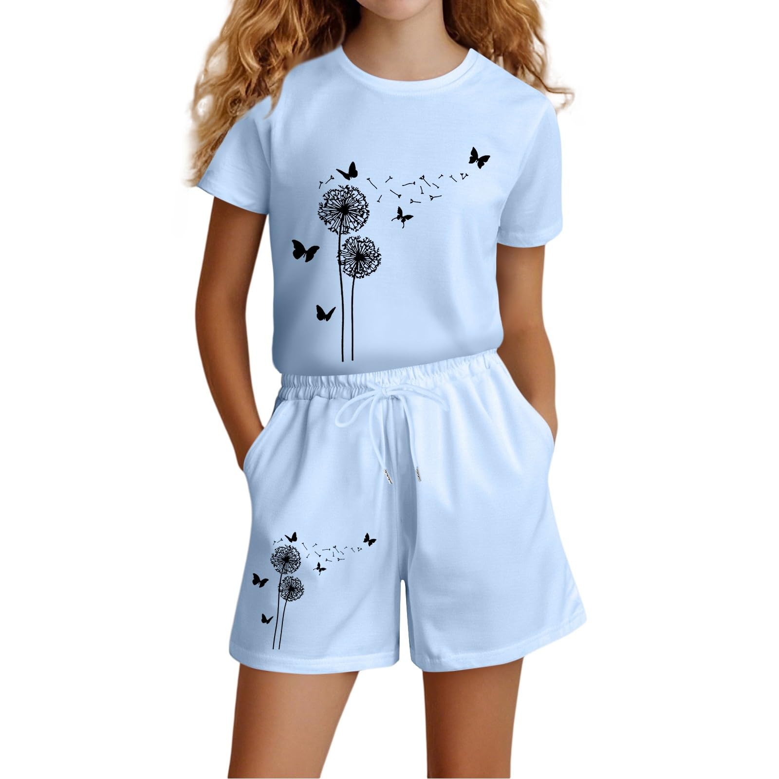 Chándal para niña, ropa deportiva, chándal para niños, niñas, verano, informal, manga corta, juego para camiseta, bolsillo superior, pantalones cortos