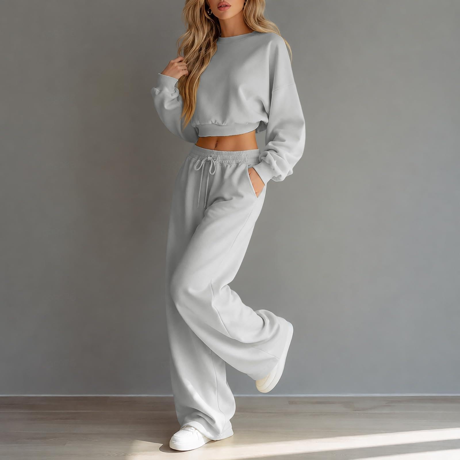 Jogginganzug Damen Wide Leg Sweatpants Jogginganzug Short Sweatshirt Damen Anzug Herbst Set,Grey-XS
