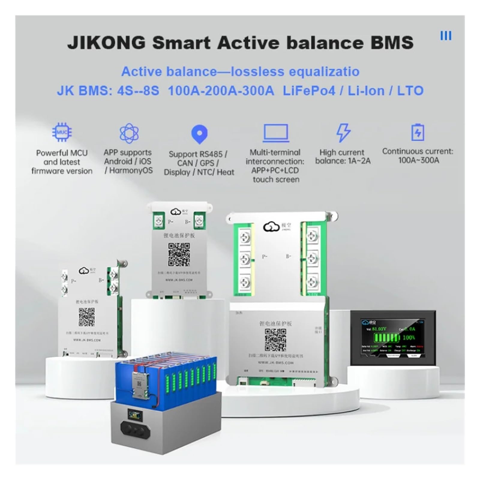 Smart BMS 200A B2A8S20P/B2A8S20P-HC, 8S 24V Active Balance 2A for Lifepo4 Lithium Ion Battery RS485 CAN App BT(B2A8S20P)