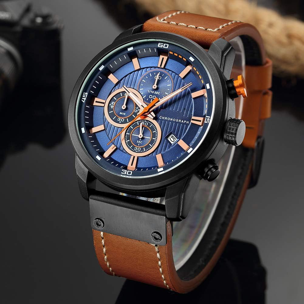 MASTOP Men Chronograph Sport Watches Brown Leather Strap Quartz Watch Business Casual Wrist Watch for Men - Image 3