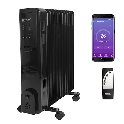AMOS 11-Fin 2500W Oil Filled Radiator Wi-Fi Smart App Enabled & Remote Control 3 Heat Settings Timer Digital Display, Black