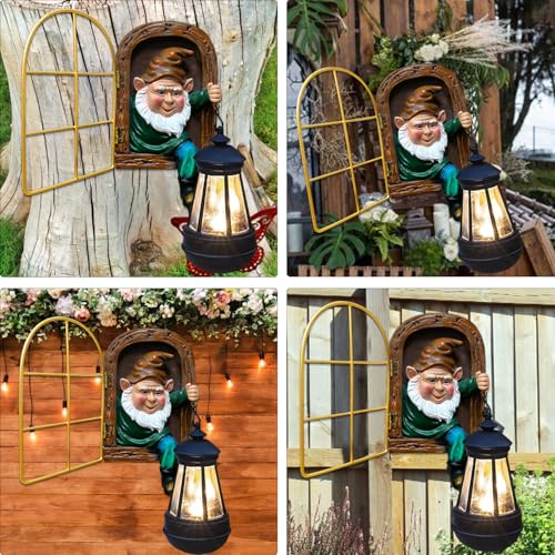 Gnomos de jardín con linterna solar autorrecargable y figura de elfo para colgar 6