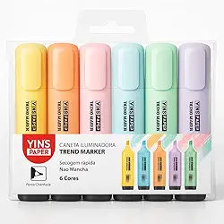Kit 6 Canetas Marca-Texto Tons Pastel — Cores Suaves e Iluminadoras — Ponta Chanfrada Ergônomica — Tinta à Base de Água que Não Mancha — Ideal para Estudo, Escritórios, Livraria, Livros e Cadernos