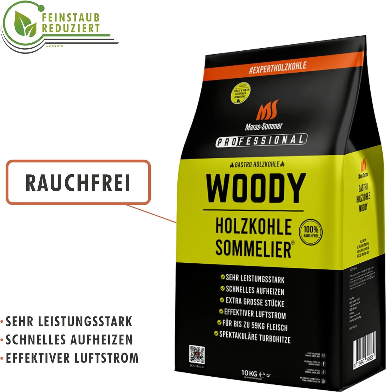 Woody 10kg, Rauchfreie Holzkohle, Feinstaub reduziert nach PM10 & PM2,5! Hochdosierte Holzkohle für wundersame Grillergebnisse und geschmackliche Überlegenheit. Kamado Plus!