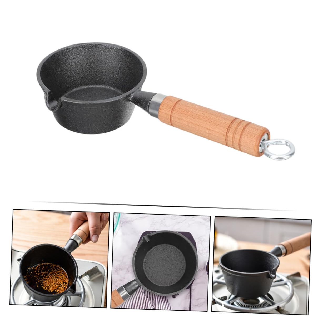 POPETPOP Padella in Manico in Legno Antiaderente e Termoisolante Piccola e Portatile per Friggere Uova Bistecche e Altri Ingredienti per Fornelli Fondo Piatto