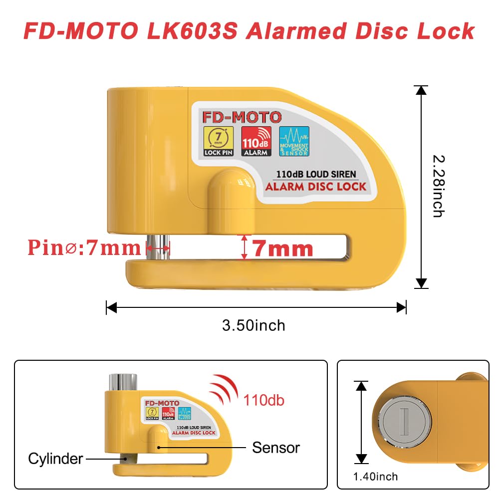 FD-MOTO φ10MM/1,2M Longue Antivol de Chaîne + 110dB Alarme Bloque Disque Cadenas Moto pour Vélo Bicyclette Moto Scooter