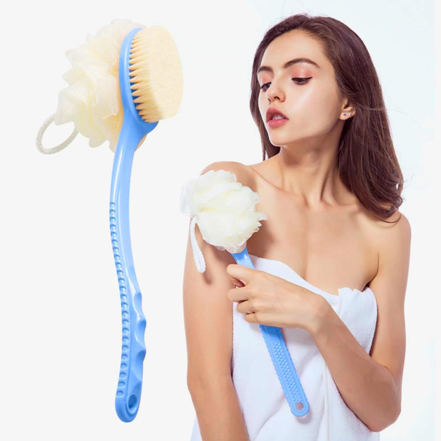 Ncry 2 IN 1 Back Body Bath Brush with Bristles and Loofah Back Scrubber with Curved Long Handled for Skin Exfoliating Bath, Massage Bristles Suitable for Wet or Dry, Men and Women(Multi)