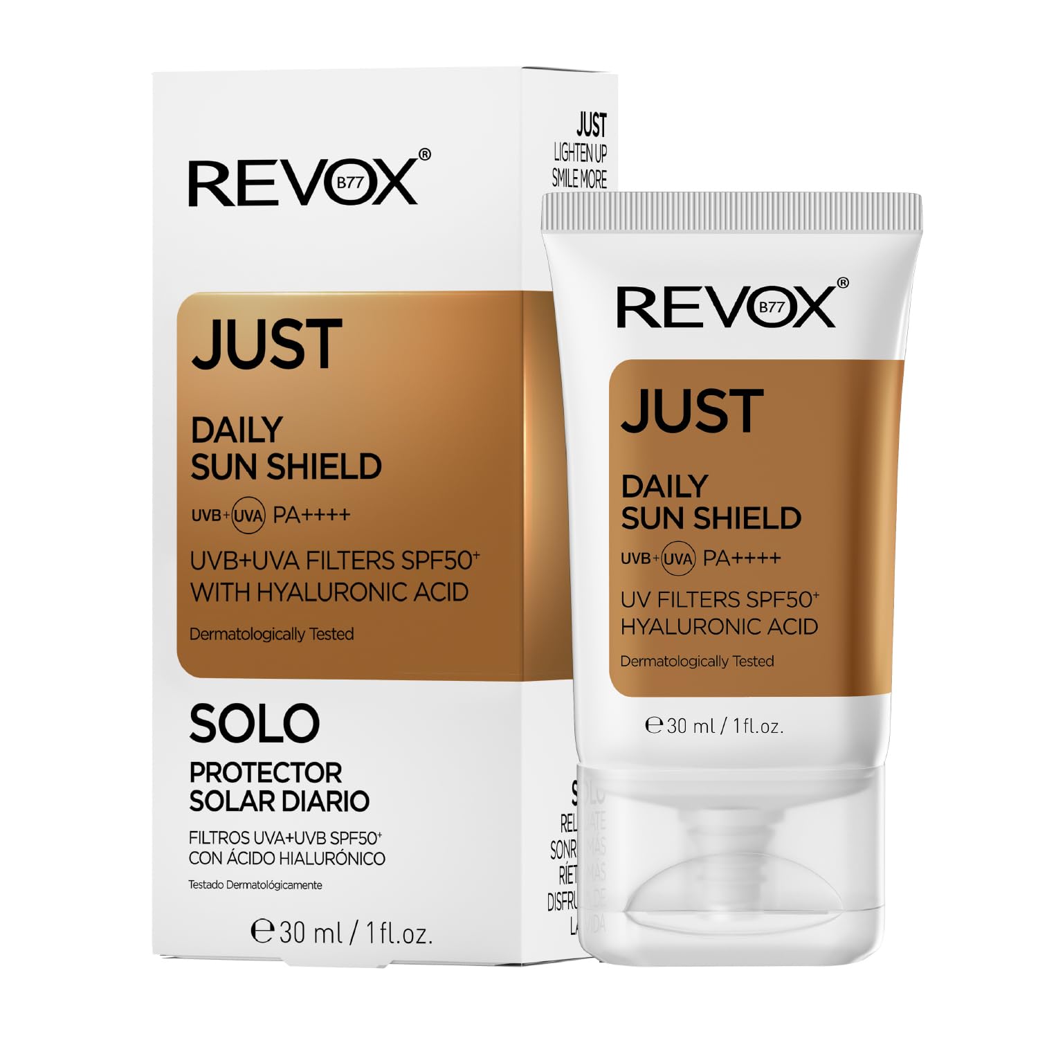 REVOX B77 - Just Daily Sun Shield, 30 ml, Facial Sunscreen SPF 50+ with Hyaluronic Acid, Daily Use, Hydrates and Promotes Skin Regeneration, Reduces Irritation, Improves Elasticity