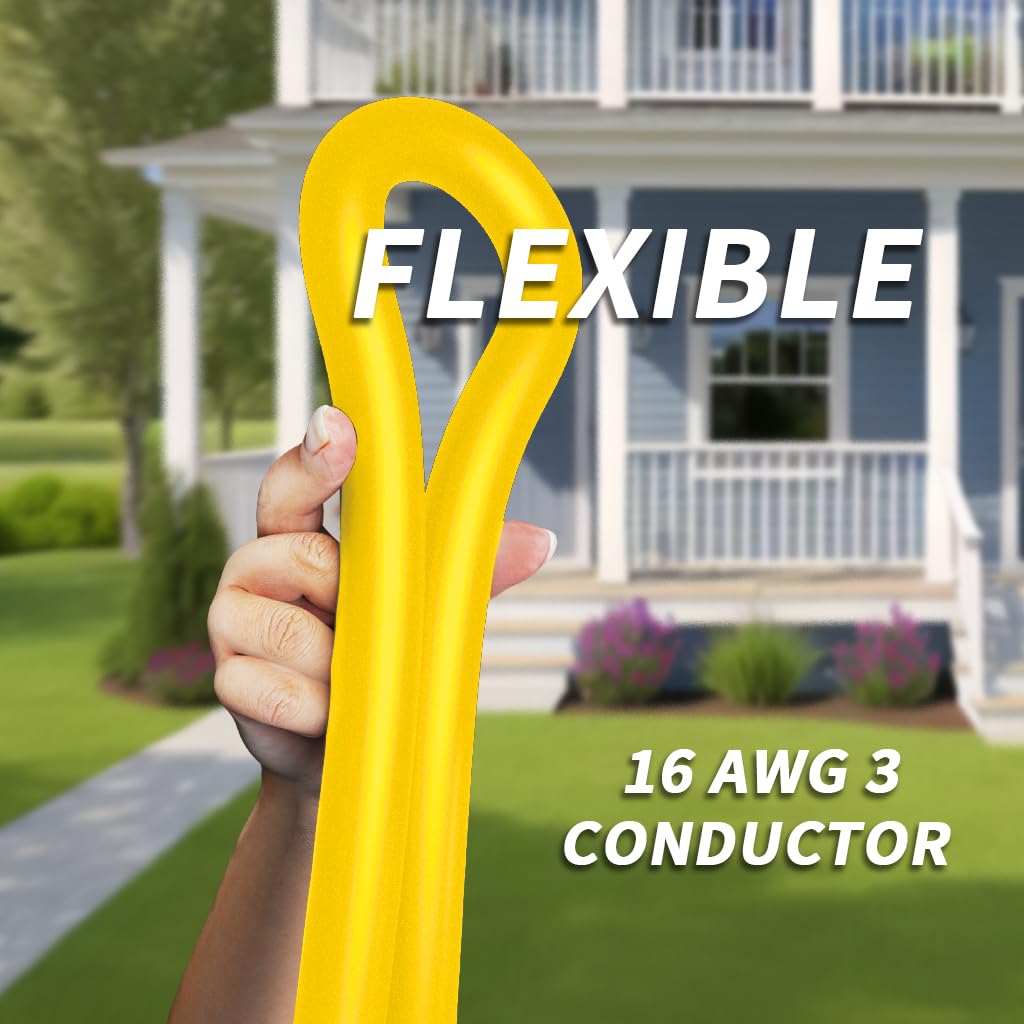 16/3 Gauge Yellow Outdoor Extension Cord 100 ft Waterproof with Lighted Indicator, Cold Weatherproof -40Â°C, Flexible 3 Prong Long Extension Cord Outside,10A 1250W 16AWG SJTW, ETL Listed PlugSaf