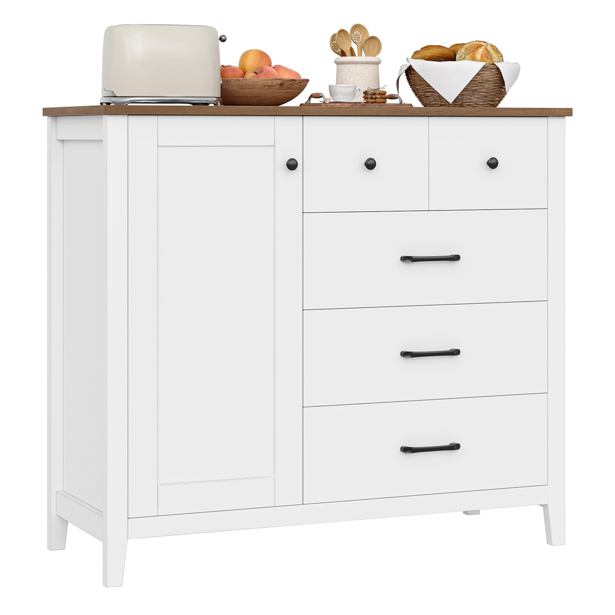 HOCSOK Credenza Cucina con 5 Cassetti e 1 Porta, Mobile Ingresso in Legno | Ripiano Regolabile, Madia Soggiorno Moderna con Piano, 108 x 82,5 x 39 cm, per Soggiorno, Cucina e Ingresso, Bianco e Marrone