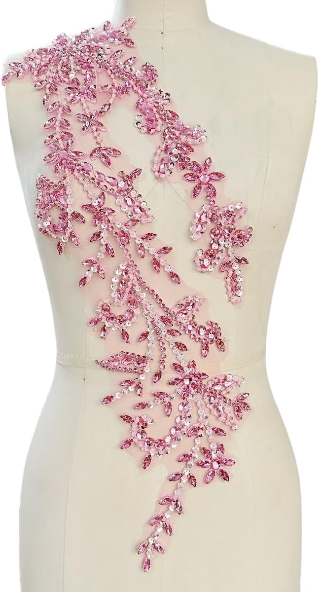 Handmade Shining Acrylic Rhinestones on lace Applique Sewing Beads Stones Trim Patches Accessories for Wedding Dress (Deepgreen)