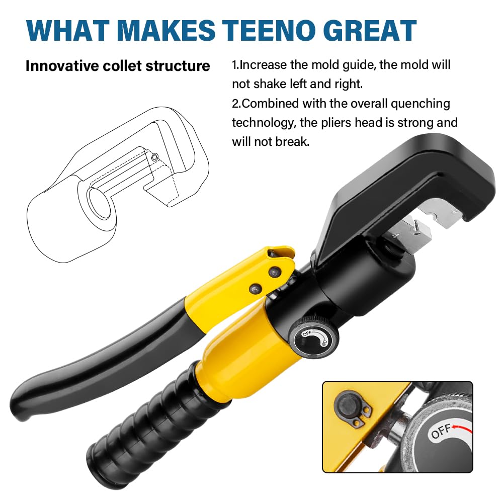 TEENO Pinza crimpatrice idraulica 10T e tagliacavi, da 12 a 2/0 AWG, pinza crimpatrice manuale per terminali elettrici e fili, kit con 9 matrici