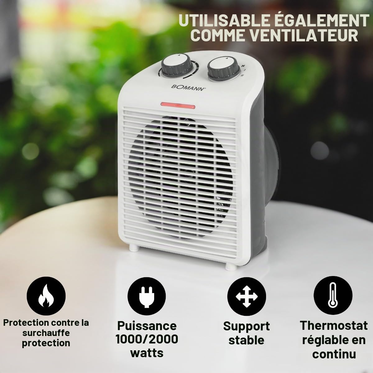 Bomann Chauffage soufflant - Chauffage electrique - Radiateur Soufflant - Chauffage soufflant portable et compact 2 niveaux de chauffage (1000/2000 W) Blanc/HL 660401 CB BOMANN