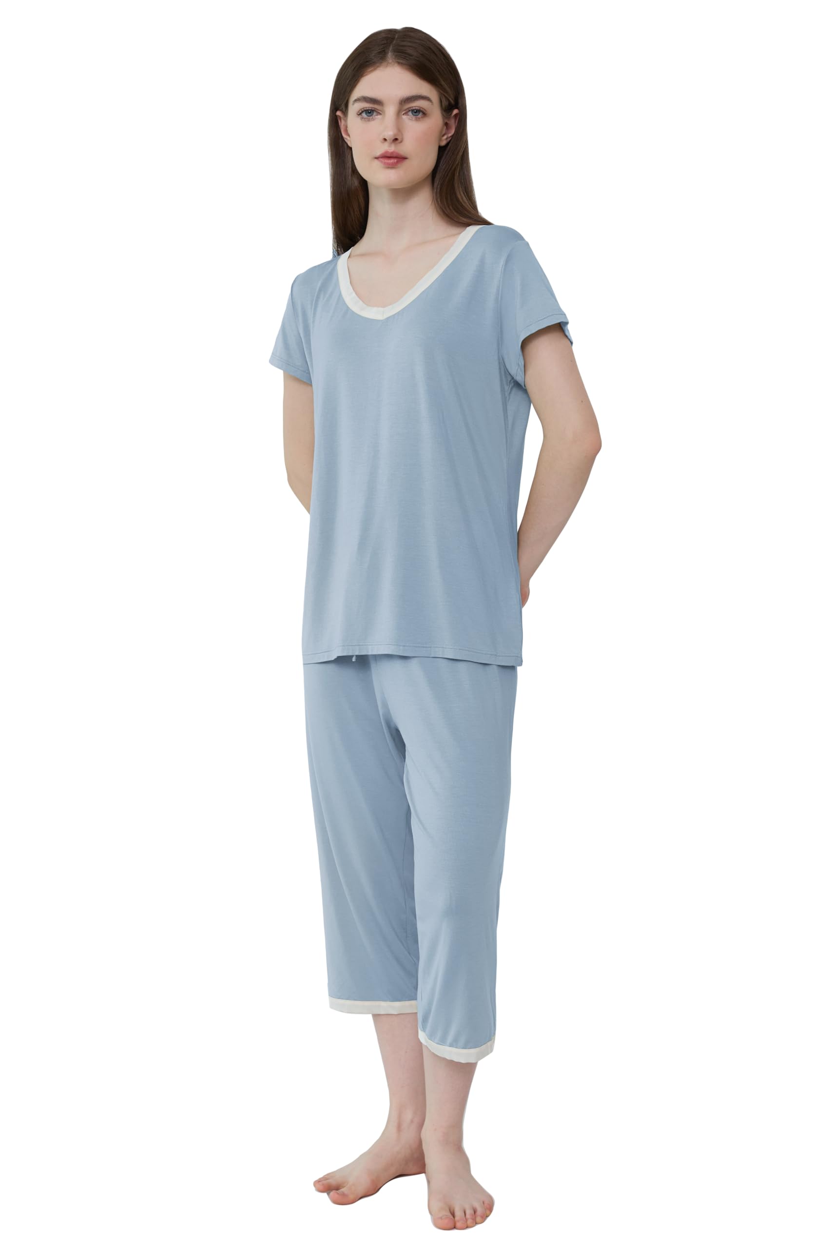 Joyaria Capri Schlafanzug Damen Sommer Kurzarm Viskose aus Bambus Pyjama