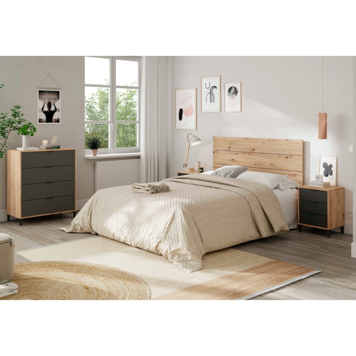 Miroytengo Pack Dormitorio en Color Roble Nodi y Gris Antracita 135 o 150 cm (Cabecero con Mesitas + Cómoda)
