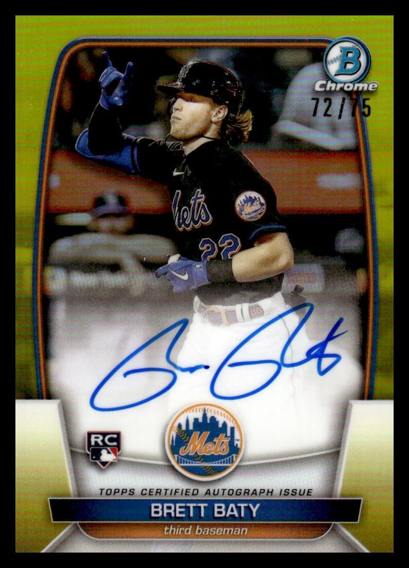 2023 Bowman Chrome Rookie Autograph Refractor Yellow #CRA-BB Brett Baty NM-MT Auto SER/75 New York Mets Baseball Trading Card