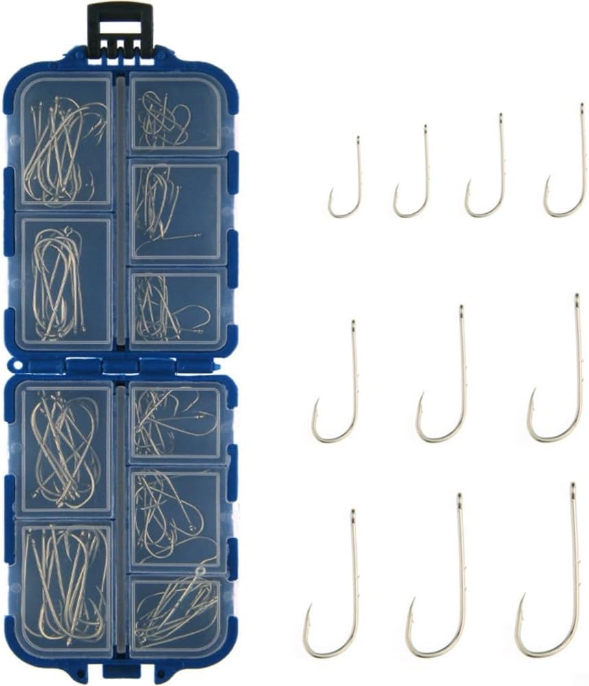 100 Pcs Fishing Hooks Set Carbon Steel Single Jig Hooks for Freshwater Saltwater Bass Trout Salmon Tackle Kit Assorted Sizes
