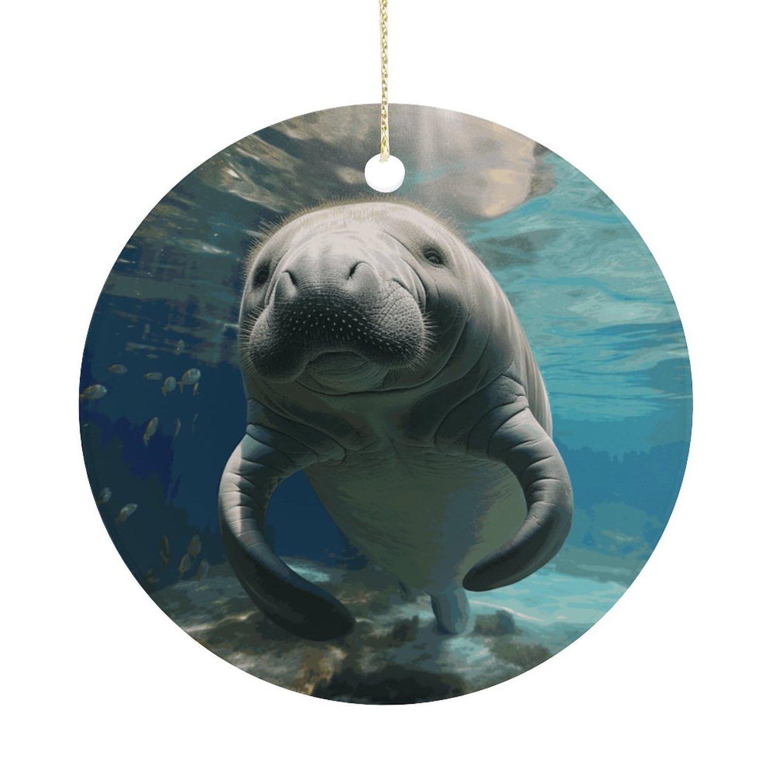 Cute Sea Animal Manatee Christmas Ornaments Colorful Round Ceramic Ornament Christmas Hanging Decor Christmas Tree Decorations Xmas Keepsake for Women Men Xmas Holiday Party