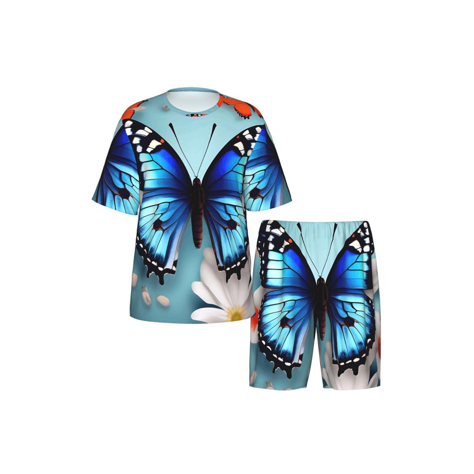 Conjunto de pijama clásico para hombre, estampado de mariposas y flores, pantalones cortos de pijama suaves para hombre, perfecto para las noches de verano