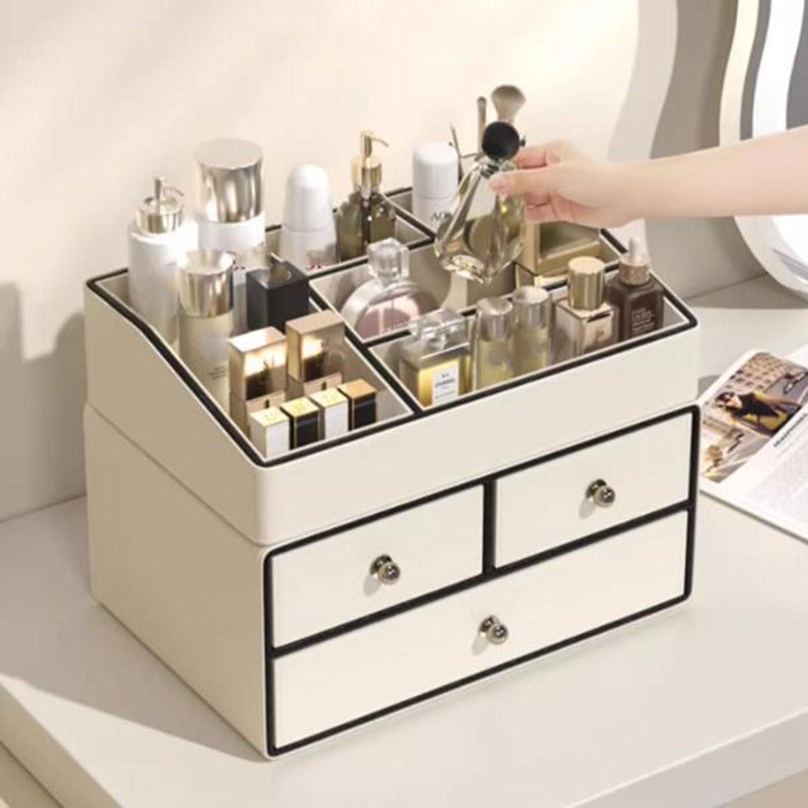 Scatola portaoggetti per cosmetici, organizer per trucco, grande contenitore per cosmetici e prodotti per la cura della pelle, organizer per scrivania, ufficio, bagno con 3 cassetti e 5 scomparti.