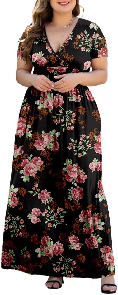 Women's L-5XL Short Sleeve V-Neck Plus Size Maxi Dresses with Pockets - Image 4